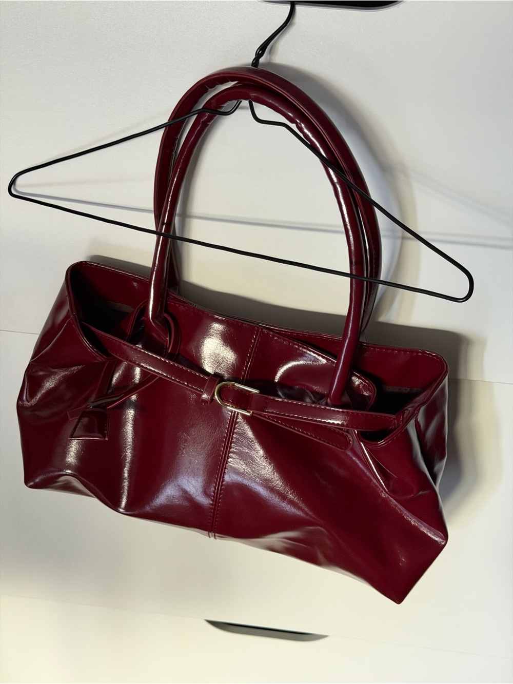 Women’s Burgundy Patent Leather Tote Bag with Top Handles